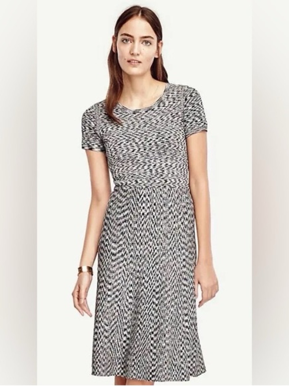 Ann Taylor Black & Grey Textured Fit-and-Flare Midi Dress